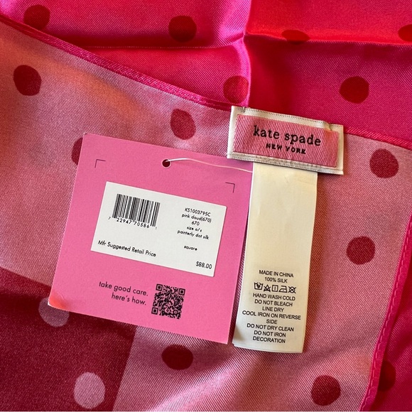 NWT Kate Spade Painterly Polka Dot 100% Silk Square Scarf Pink Cloud KS1003795C - Picture 8 of 8